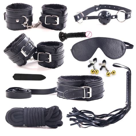 10 pcs set sexy lingerie pu leather bdsm bondage set handcuffs mask