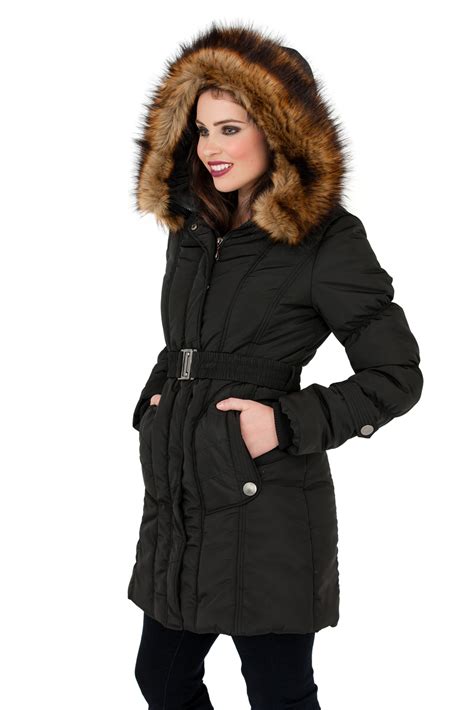 womens mid length padded parka coat faux fur hooded jacket ladies size uk   ebay