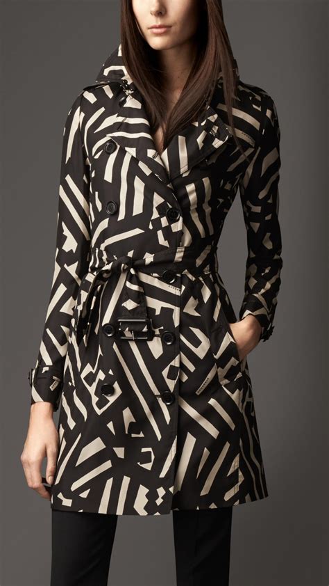 burberry mid length geometric print silk trench coat in black lyst