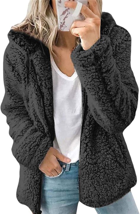 Women Casual Sherpa Fleece Jacket Hoodies Full Zip Faux Fuzzy Long