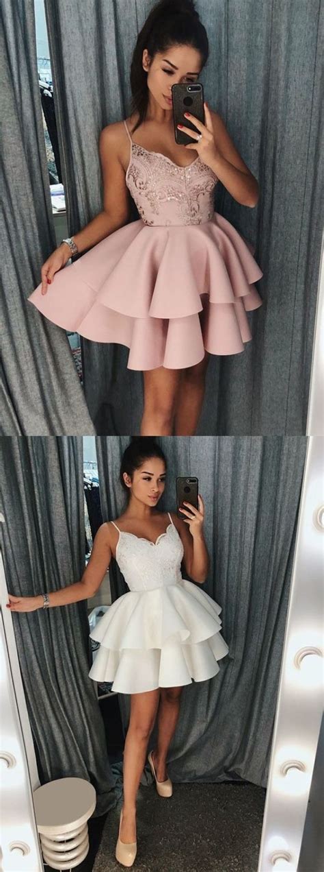 Chic Spaghetti Straps Short Homecoming Dresses Cheap Pink Lace Tiered