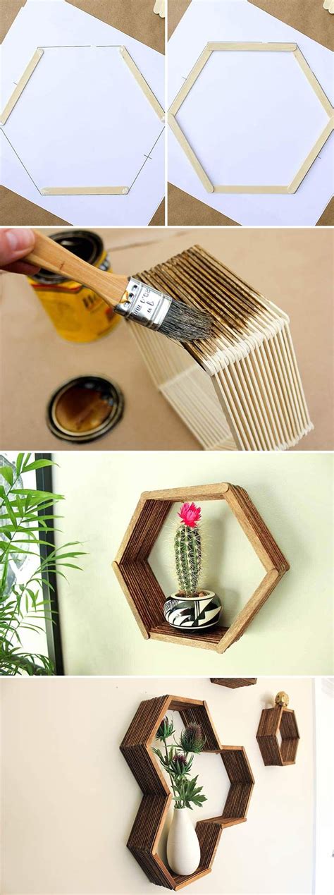 check   beautiful popsicle stick hexagon shelf diy click  image    diy crafts