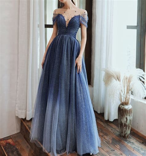 blue starry prom dress glitter evening dress deep  bridal etsy   banquet dresses