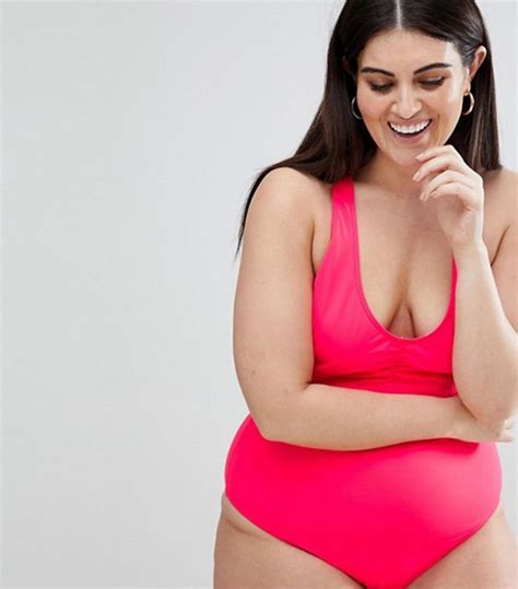 asos design curve ruched front racer  swimsuit  watermelon red  size womens clothing