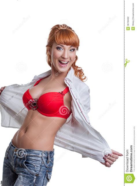 Playful Slim Model Posing Flinging Open Her Blouse Stock