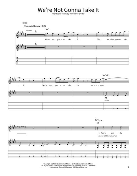 We Re Not Gonna Take It Sheet Music Twisted Sister School Of Rock