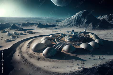 moon base colony aerial view  futuristic buildings located  planet