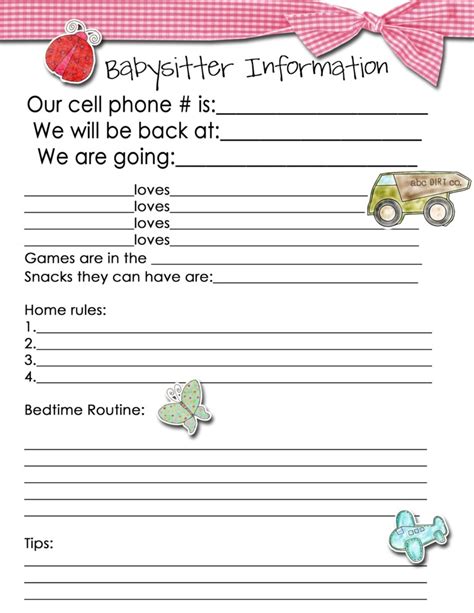 babysitter info sheet tip junkie