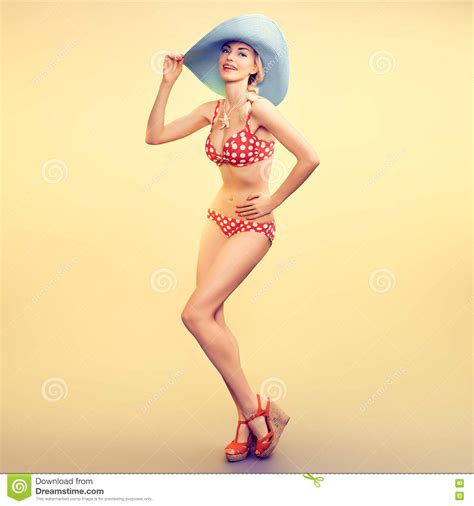 Fashion Pinup Model Woman In Beach Bikini Summer Stock