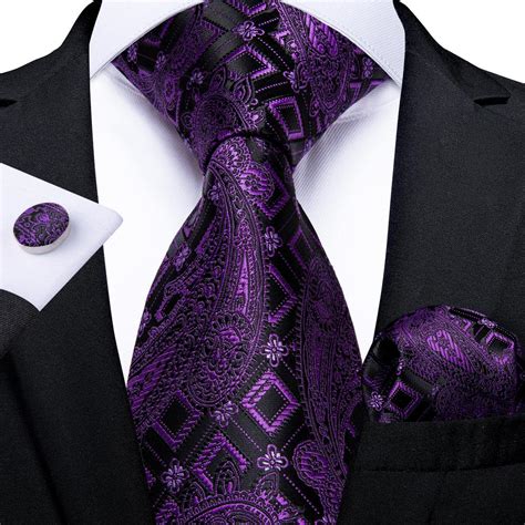 New Purple Black Paisley Tie Pocket Square Cufflinks Set Dibangustore