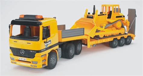 bruder  mb flatbed truck  bulldozer  yellow