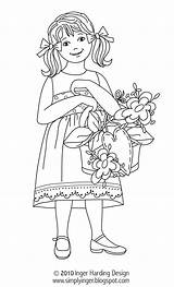 Girl Flower Colouring Flowers Spring sketch template