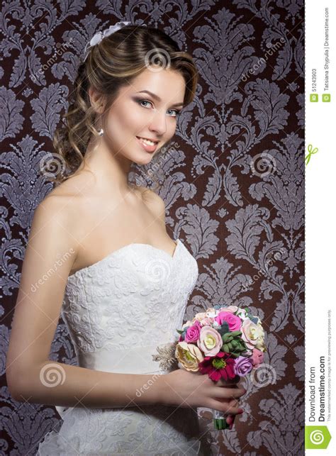 Gentle Portrait Of Happy Smiling Beautiful Girls In White Wedding Dress