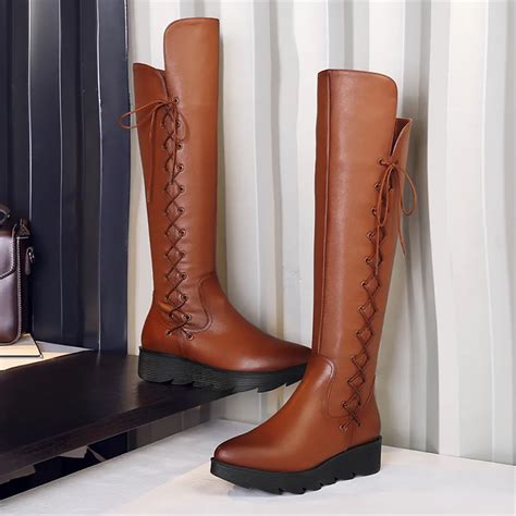 genuine leather women winter lace  decoration zip knee high boots wedge platform long boots