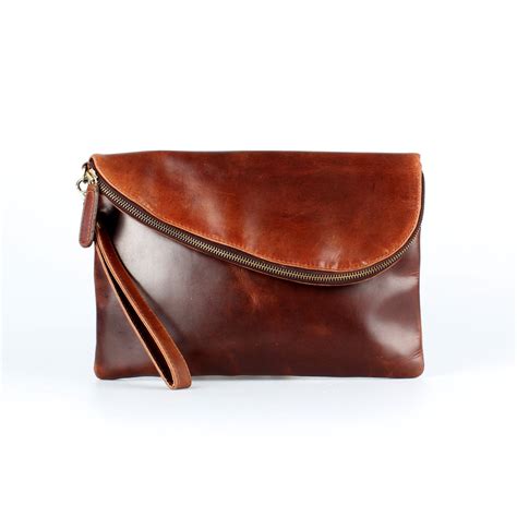 leather fold  clutch evening bag wristlet mid brown