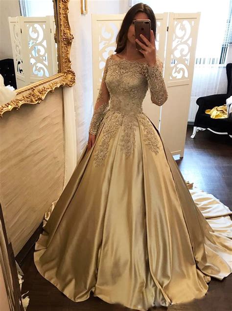 gold prom gown with sleeves off the shoulder prom gowns 11904