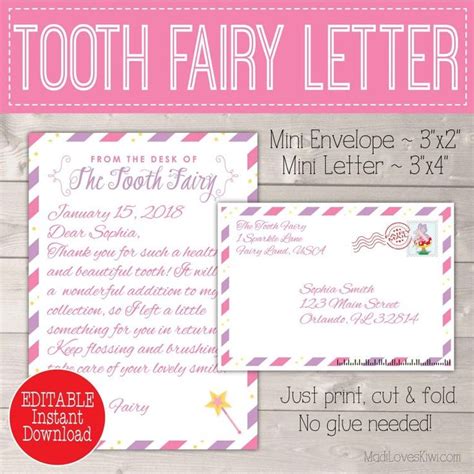 editable tooth fairy letter  envelope printable pink purple