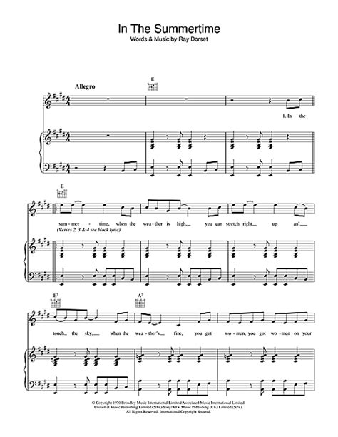 In The Summertime Sheet Music By Mungo Jerry Piano Vocal