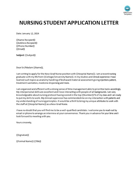 nursing student application letter templates  allbusinesstemplatescom