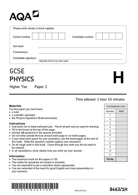 aqa gcse physics  higher tier paper  qp  physics paper