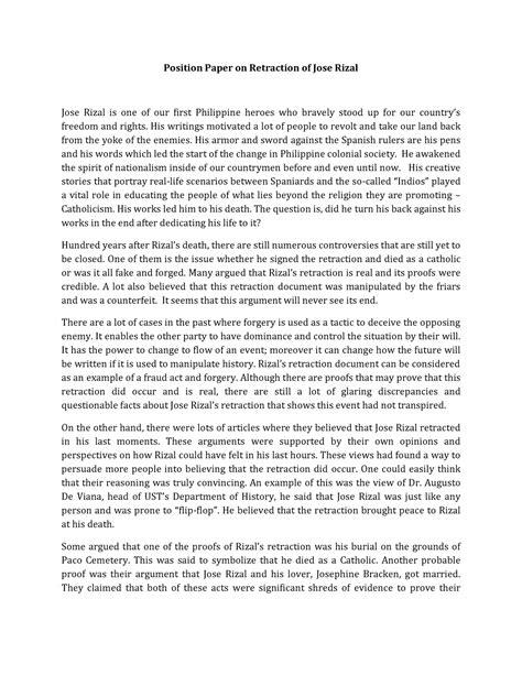 position paper  retraction  jose rizal  writings motivated