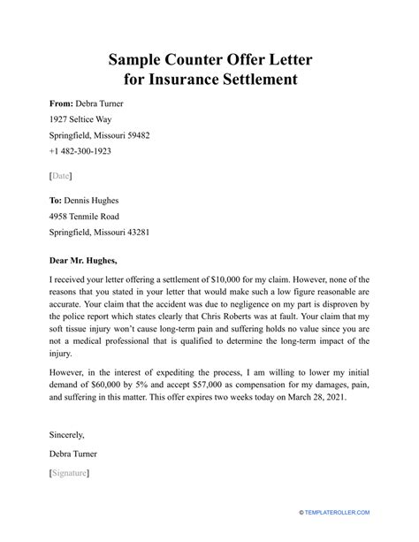 sample counter offer letter  insurance settlement  printable