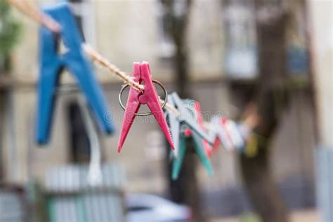 Colorful Clothespins Hanging On Rope Stock Image Image Of Natural