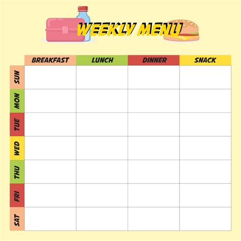 printable weekly menu template  daycare printable templates