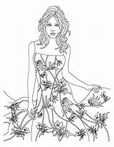 Coloring Model Dress Fashion Floral Wear Theme sketch template