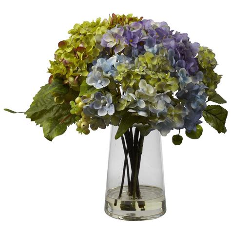 Hydrangea Silk Flower Arrangement With Glass Vase