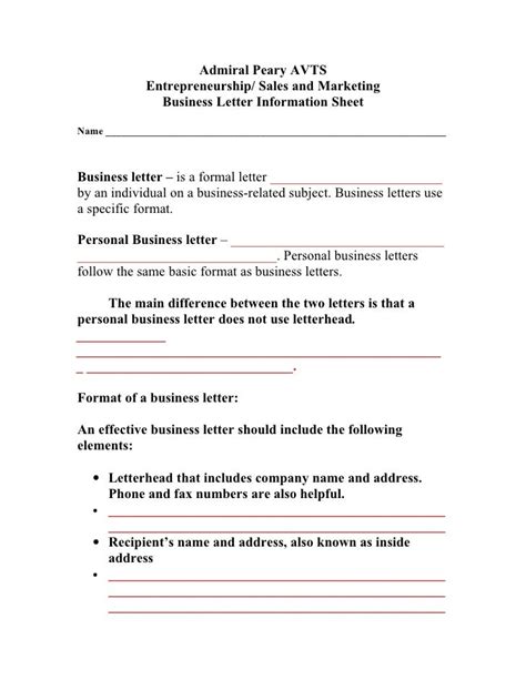 business letter information sheet student copy
