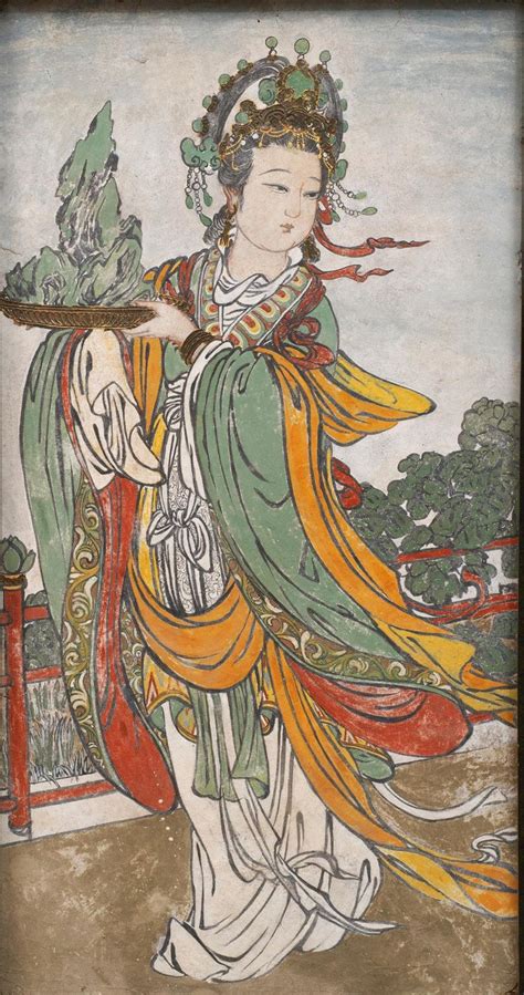 unknown  early ming dynasty fresco painting   female attendant  century  sale