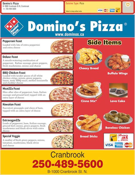 dominos pizza menu hours prices  cranbrook street