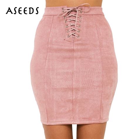 summer lace up suede leather skirt women pencil skirt sexy