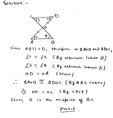 in the given figure ab parallel to cd and o is the midpoint of ad show