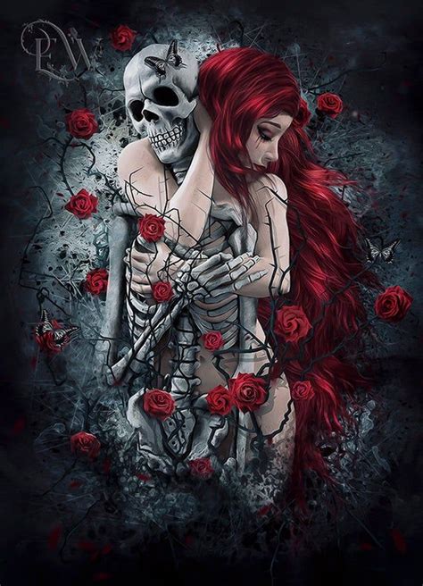 gothic red haired woman with skull skeleton and red roses art print