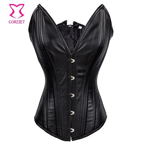 black faux leather steel boned gothic corset steampunk clothing korsett