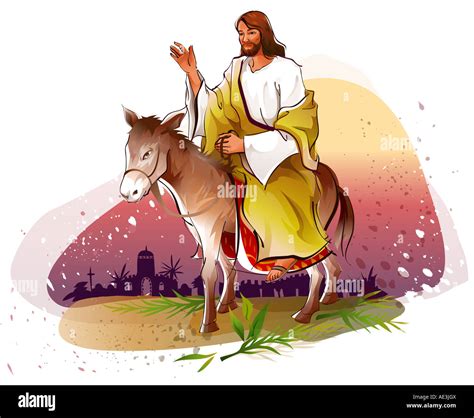 jesus christ riding  donkey  blessing stock photo alamy