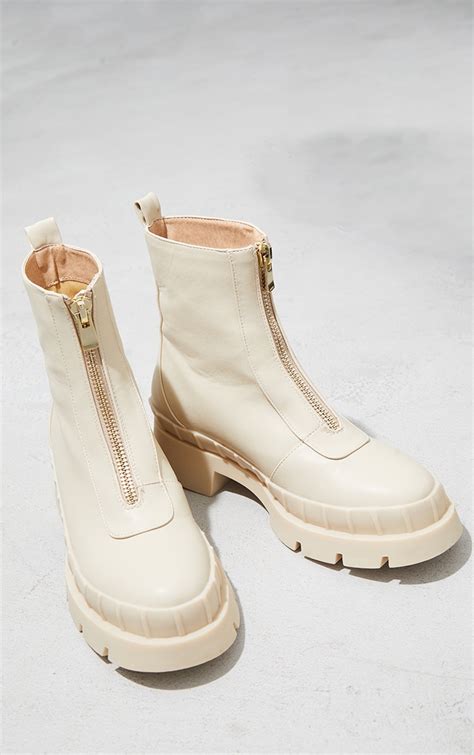 cream zip front ankle boots footwear prettylittlething usa
