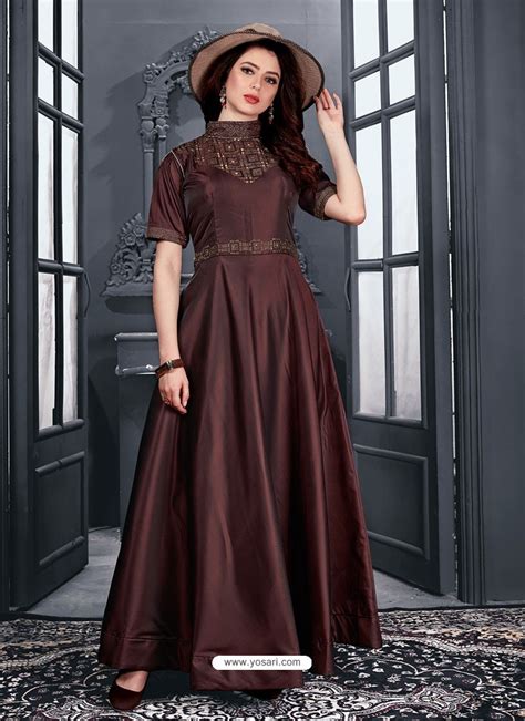 buy coffee brown satin designer party wear gown gowns