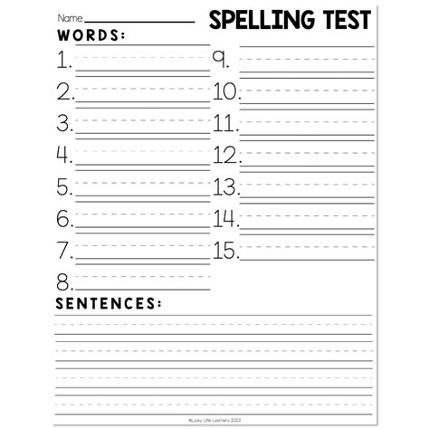 spelling test template  words sentence lines lucky  learners