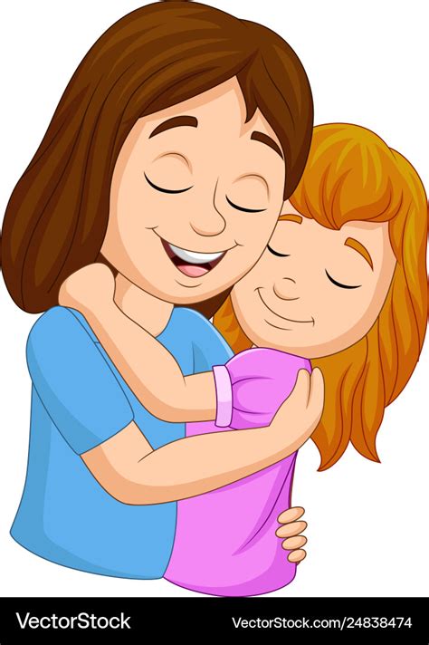 cartoon happy mother hugging her daughter vector image