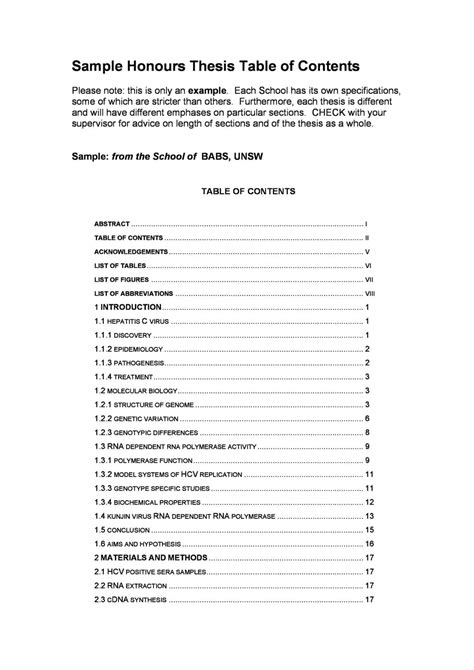 sample honours thesis table  contents template