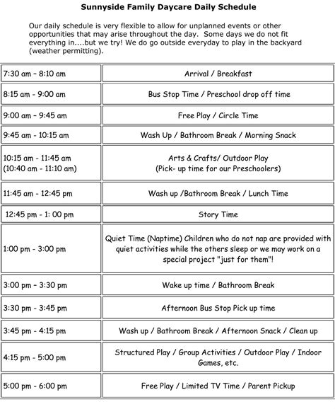 sunnyside family daycare daily schedule meal plans