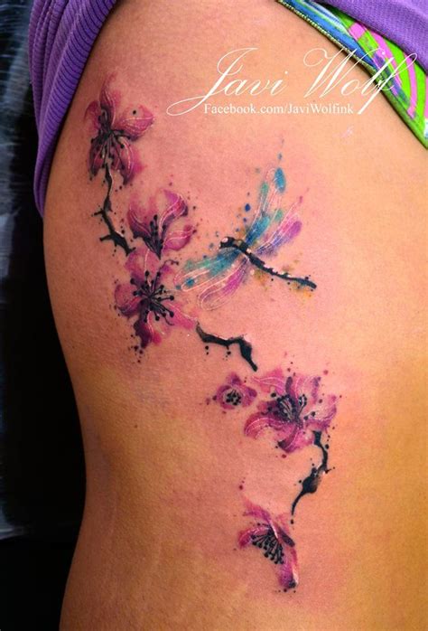 Watercolor Cherry Blossoms And Dragonfly Tattooed By Javi