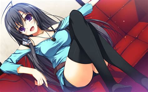wallpaper long hair legs cartoon black hair thigh highs visual novel mouth purple eyes