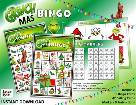 grinch christmas bingo printable party game etsy