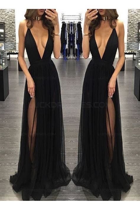Sexy Low V Neck Long Black Prom Dresses Party Evening