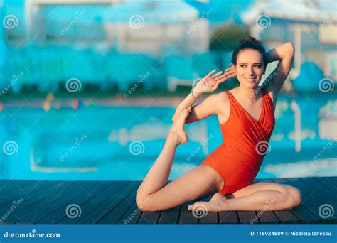 summer holiday girl  yoga   pool stock image image  gorgeous healthy