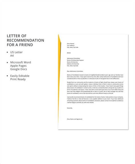 sample recommendation letter   friend   ms word